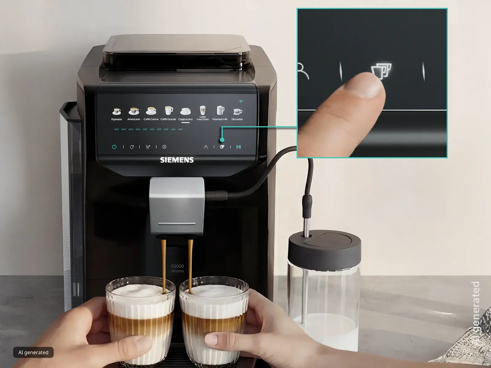 Gros plan sur une machine à café Siemens préparant deux tasses de café, avec une personne appuyant sur un bouton du panneau de commande tactile.