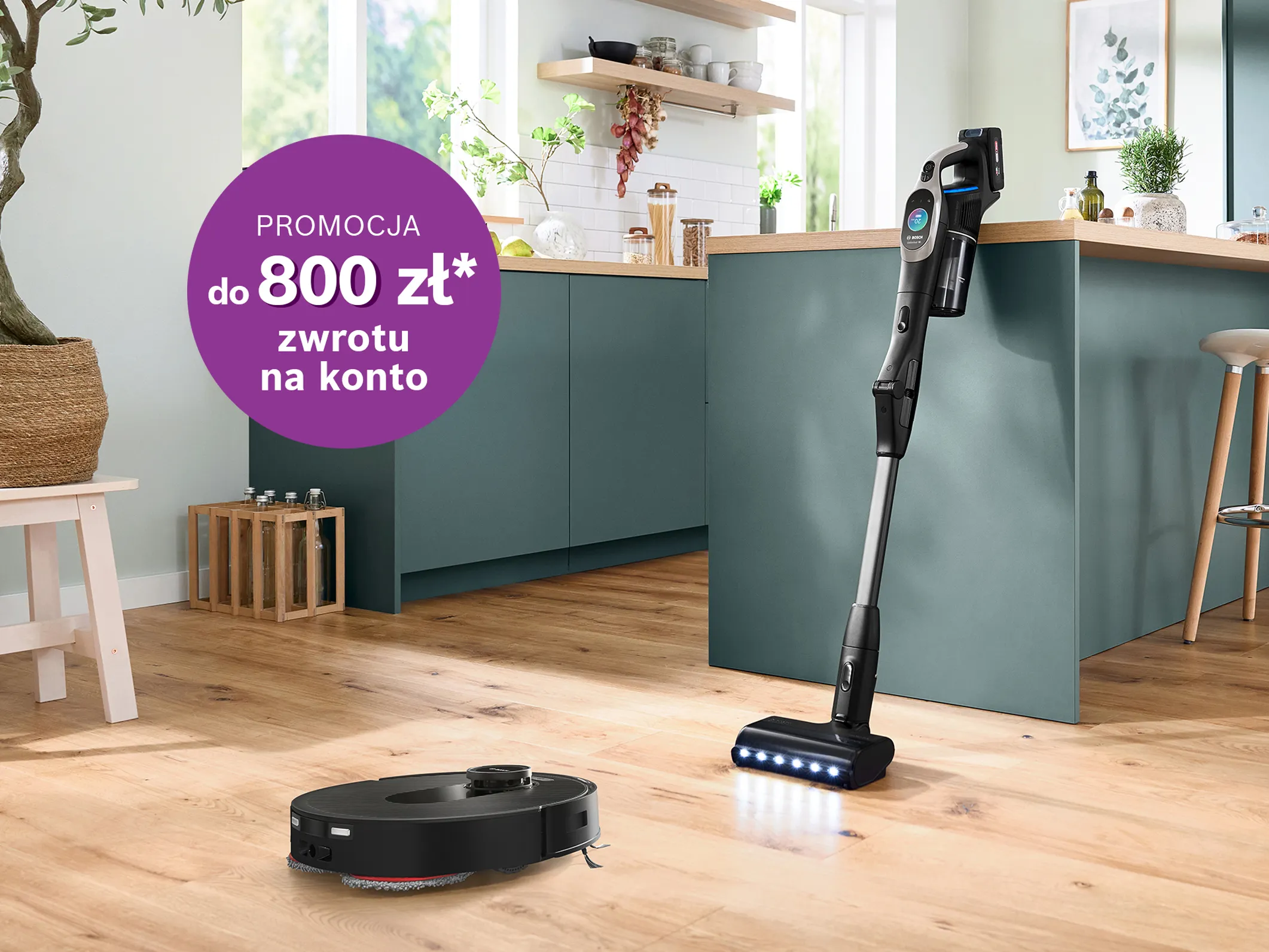 odkurzacz pionowy i robot sprzątajacy na dywanie i piktogram promocji