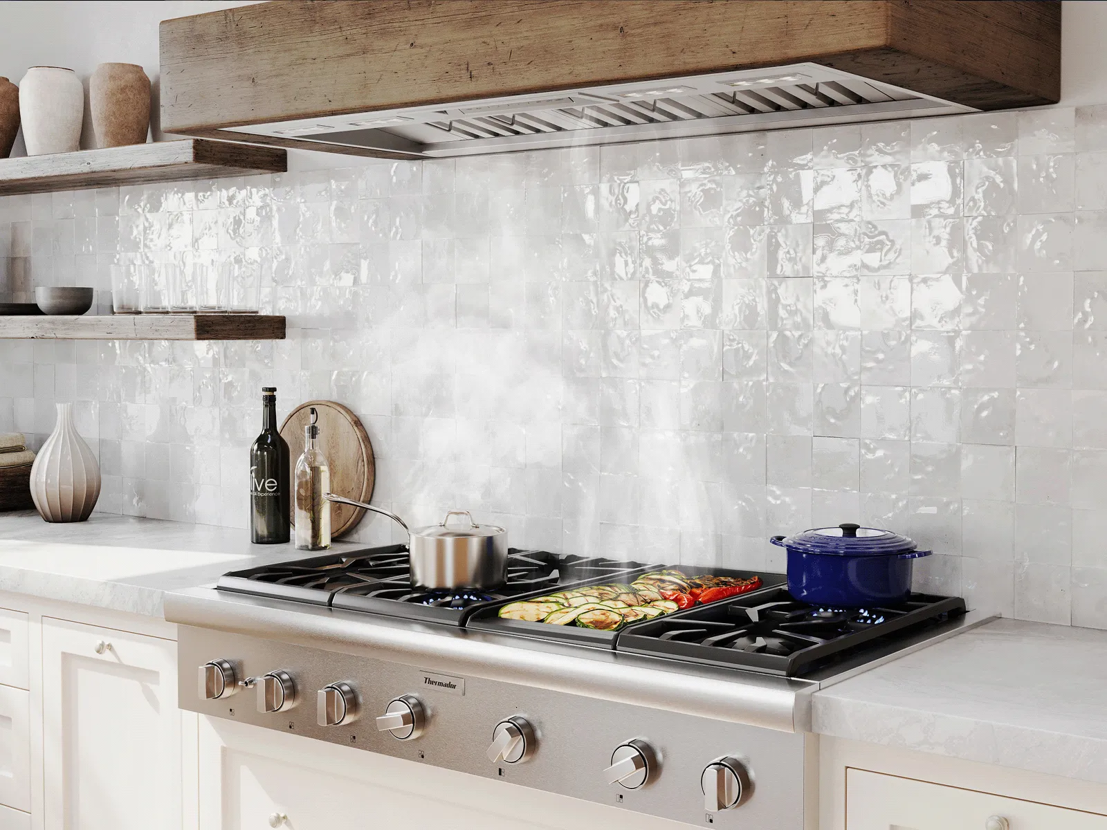 Modern kitchen stove with steaming pots and grilled vegetables, white tiled backsplash, wooden shelves, and decorative vases.