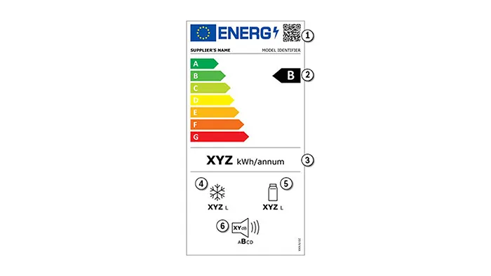 Energy efficiency label with product details, energy rating, and technical specifications.