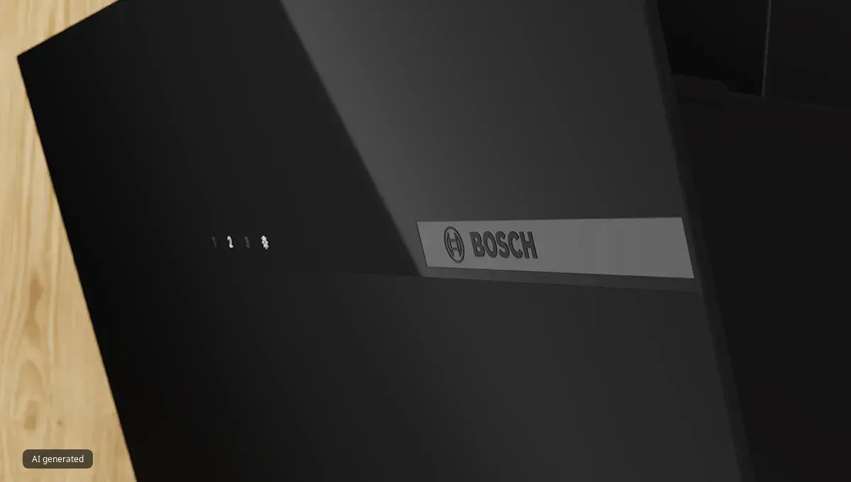 Bližnji posnetek elegantne, črne kuhinjske nape Bosch, ki prikazuje logotip in minimalistične upravljalne elemente na dotik na leseni plošči.
