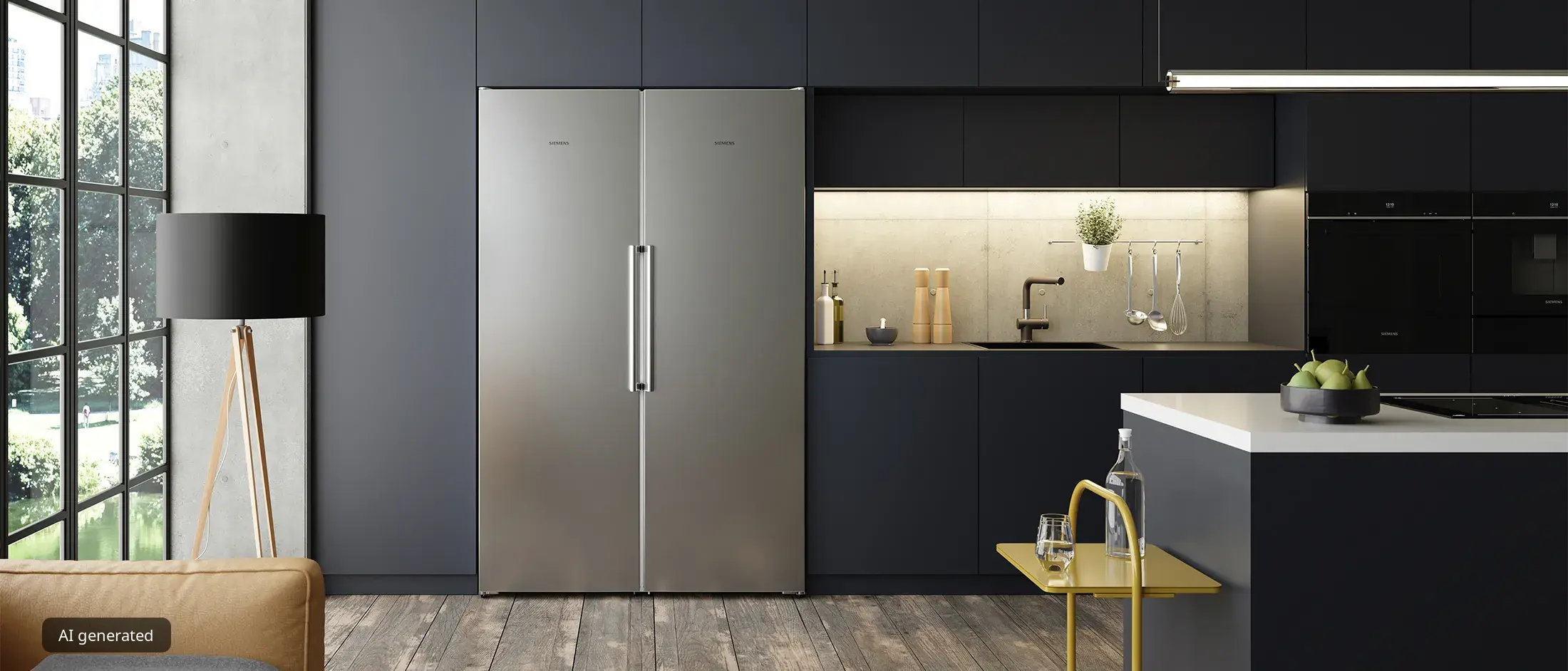 Modern kitchen with dark cabinets, stainless steel fridge, and wooden floors. Features a yellow cart with apples and glassware, and a large window.