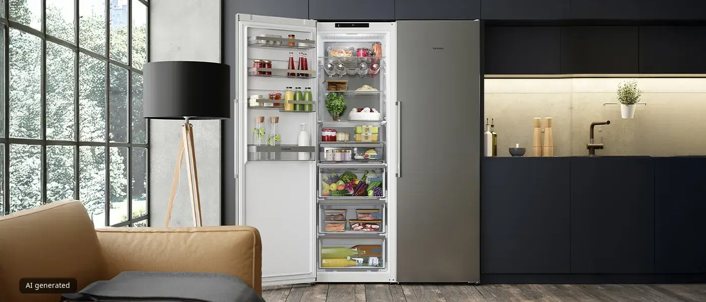 Eine moderne Küche mit dunklen Schränken zeigt einen offenen, gut gefüllten Kühlschrank voller Lebensmittel. Ein beiges Sofa und eine hohe schwarze Lampe stehen an einem großen Fenster und schaffen eine elegante, gemütliche Atmosphäre.