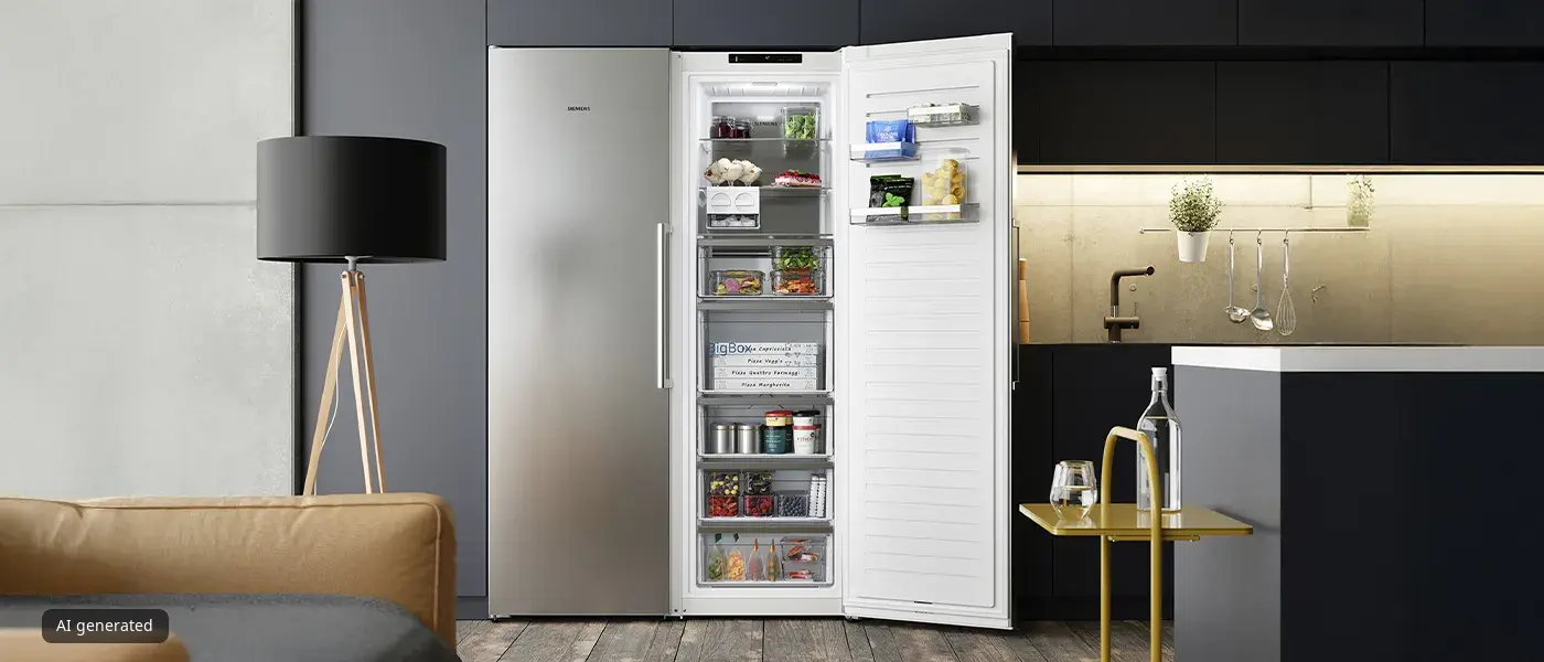Open refrigerator in a modern kitchen, filled with various foods like vegetables, dairy, and drinks. Ambient lighting, sleek decor, and a cozy vibe.