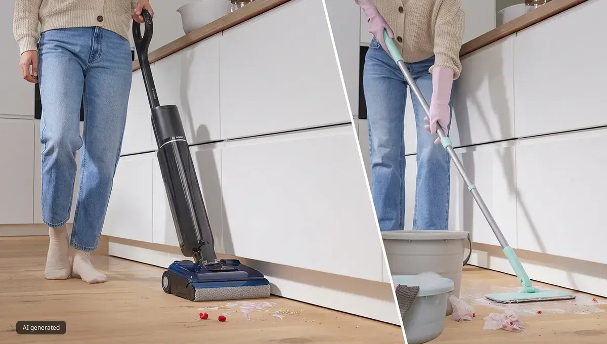 Split image comparing a Bosch floor washer easily cleaning a mess to a person using a traditional mop and bucket.