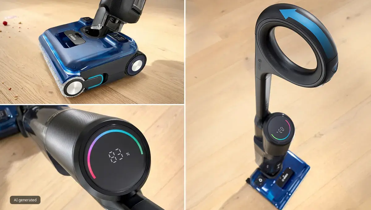 Kollage av Bosch golvtvätten, som framhäver dess rengöringshuvud, den digitala displayen och den ergonomiska handtagsdesignen.