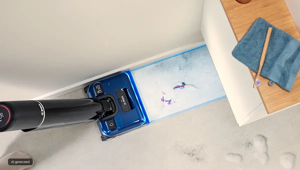 Vy uppifrån av Bosch golvtvätten som rengör smuts och spill ända fram till kanten av en vägg och ett vitt skåp.