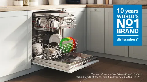 Modern kitchen featuring a sleek design with an open dishwasher, stainless steel kettle, and minimalistic decor; branded as "World's No. 1 Dishwashers."