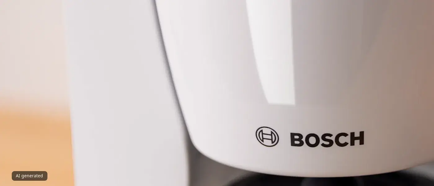 Близък план на логото на BOSCH върху бяла повърхност на уред.