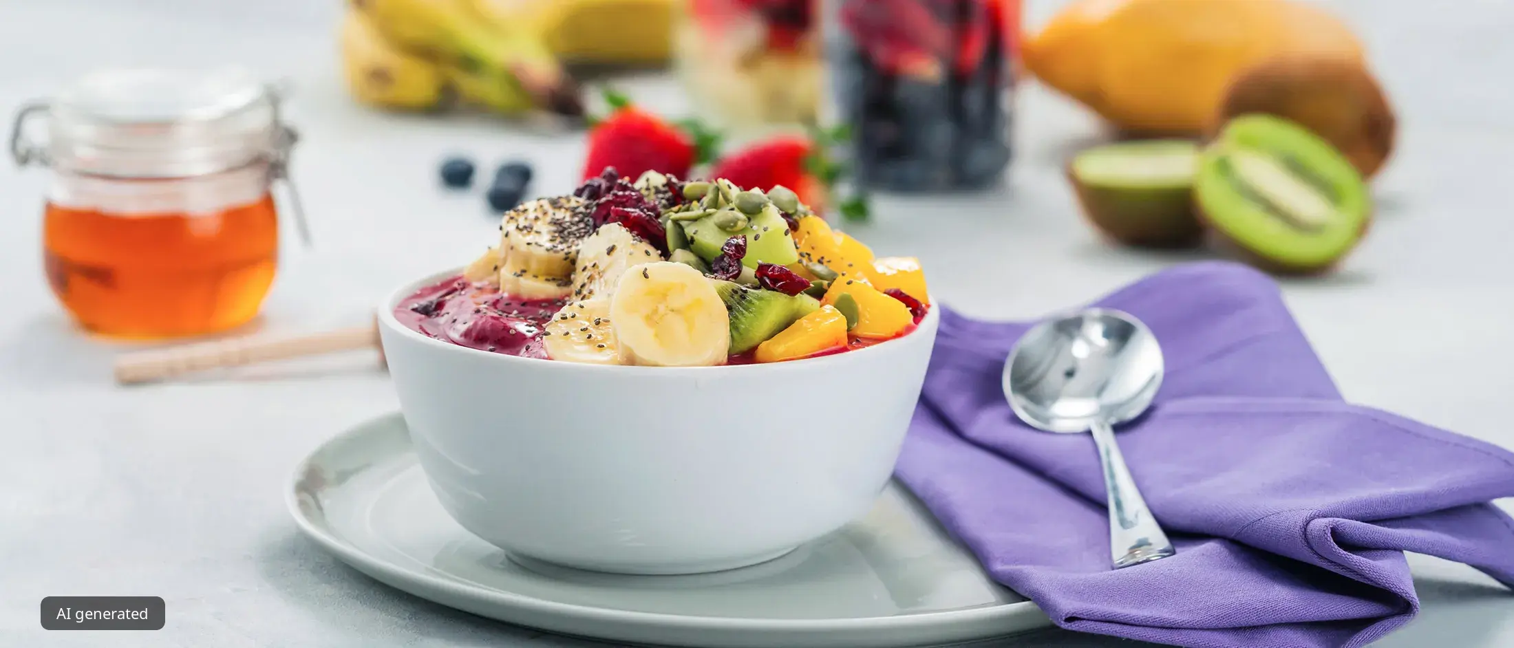 Ceramic bowl filled with blended fruit topped with pieces of fruit in a bowl next to a spoon, purple napkin and jar of honey.