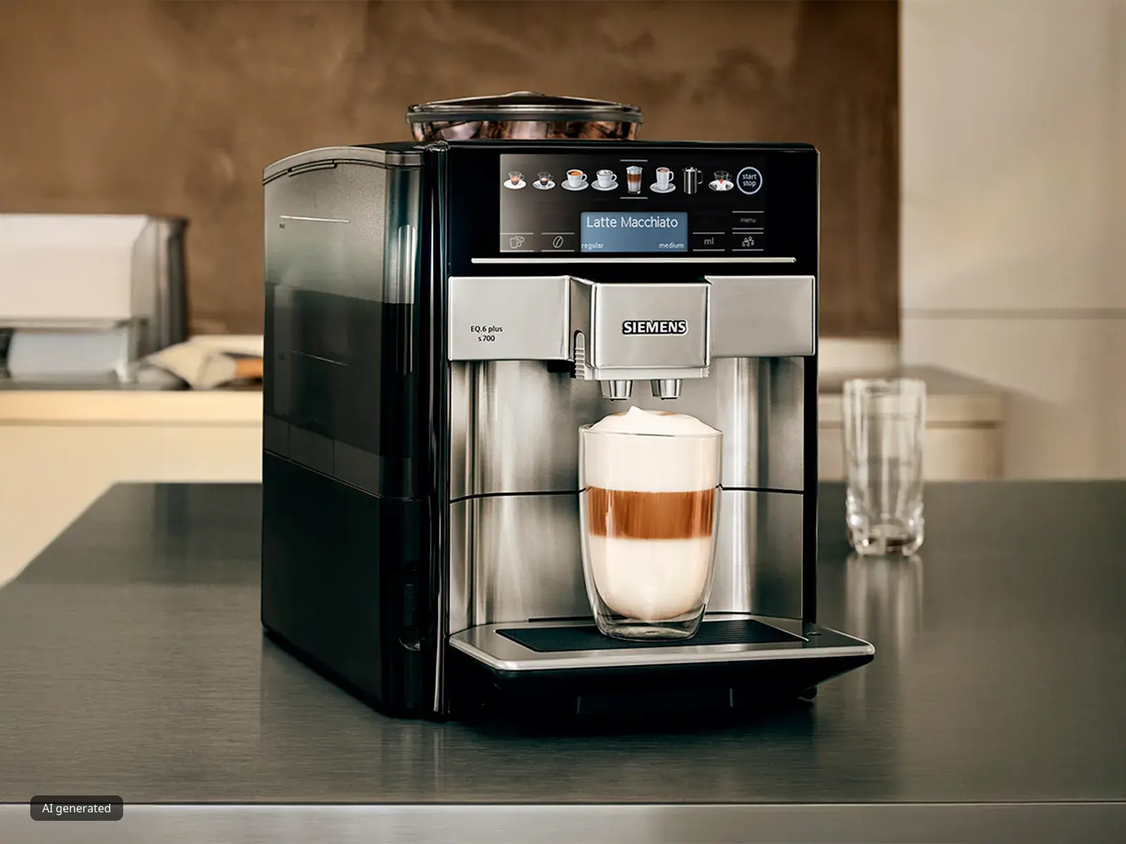 Świeżo zaparzone latte macchiato pod dozownikiem ekspresu do kawy EQ6 plus.