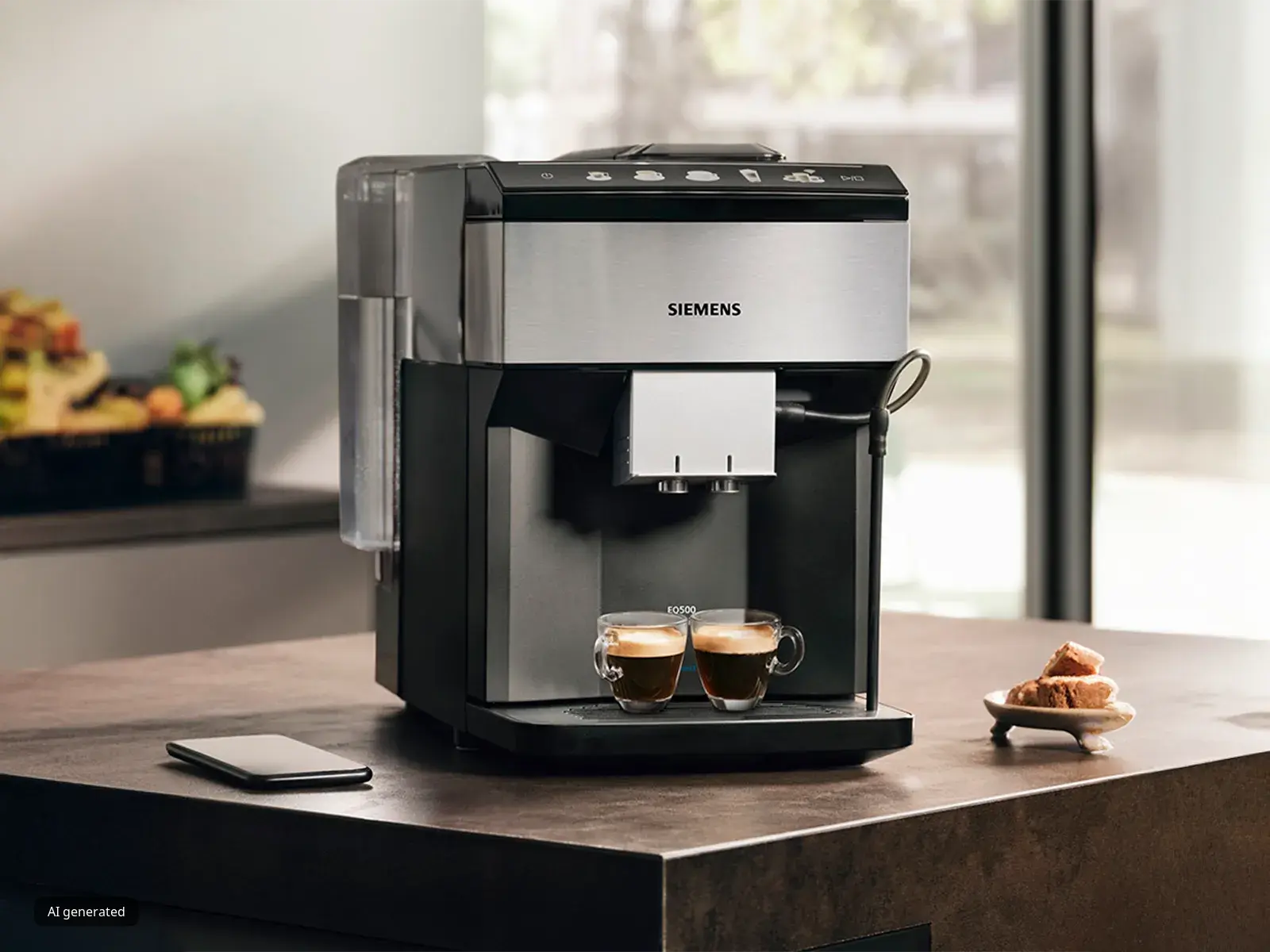 W pełni automatyczny ekspres do kawy Siemens EQ500 z dwoma filiżankami espresso pod dozownikiem.