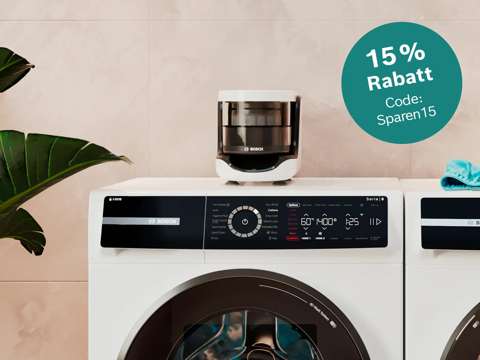 Bosch Waschmaschine mit externen Bosch Mikroplastikfilter und Hinweis, dass es Rabatt beim Kauf des Filters im Bosch Online Shop gibt.