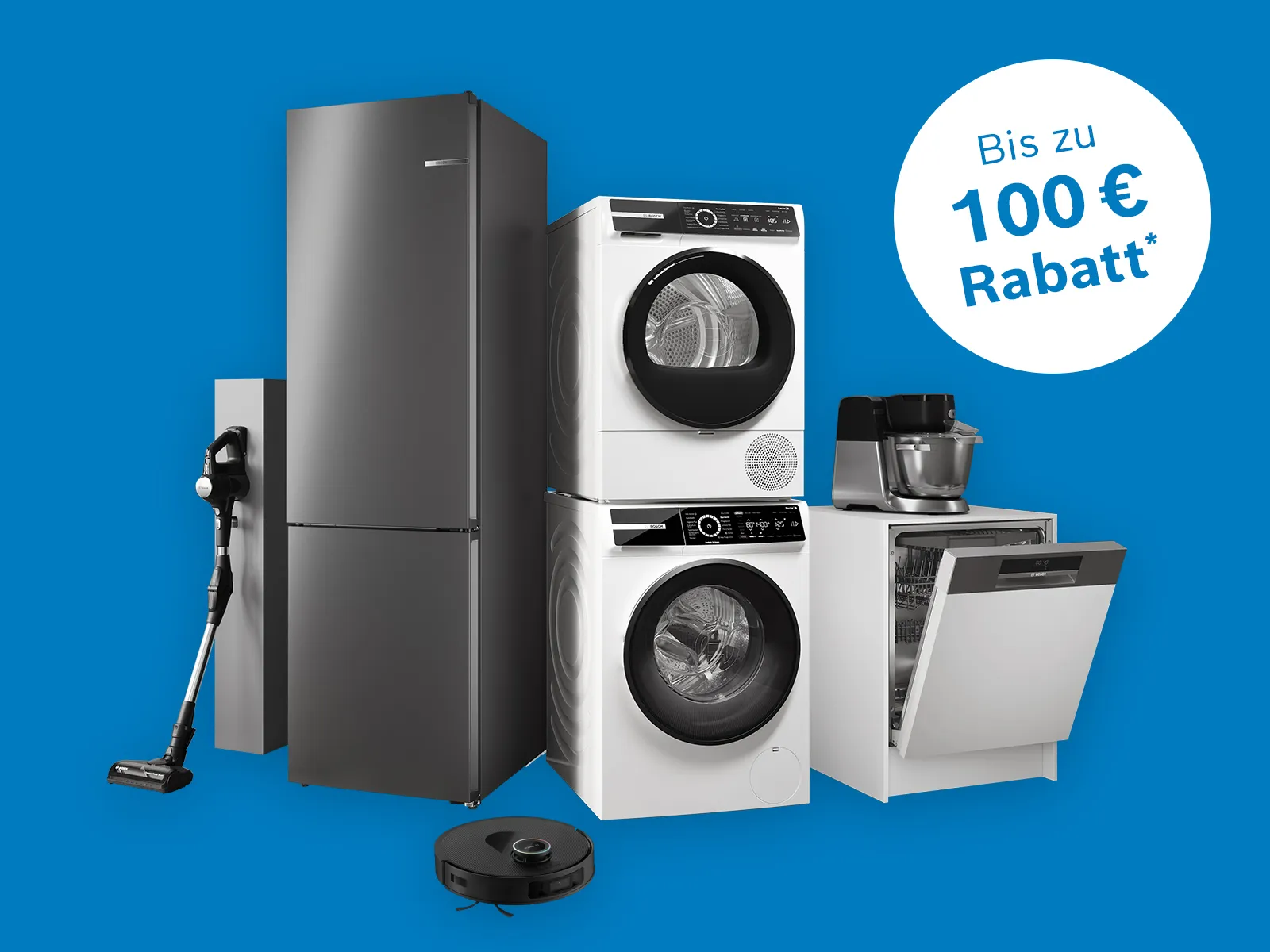 Blauer Hintergrund mit Hausgeräten von Bosch und dem Hinweis auf die aktuelle Bosch Aktion mit bis zu 100 € Rabatt im Bosch Online Shop