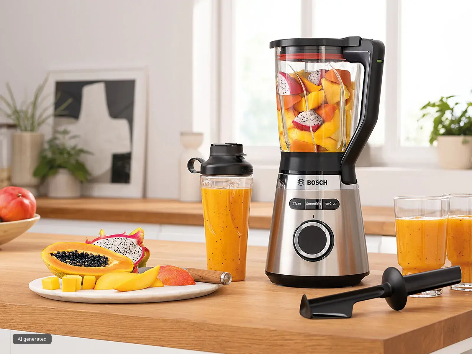 VitaPower Series 4 blender filled with yellow and orange fruits placed together with filled glasses and ToGo bottle on kitchen table.