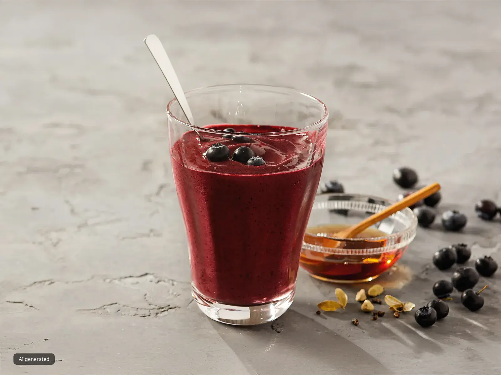 Blueberry smoothie in a glass next to bowl of syrup, fresh blueberries and cardamom pods.