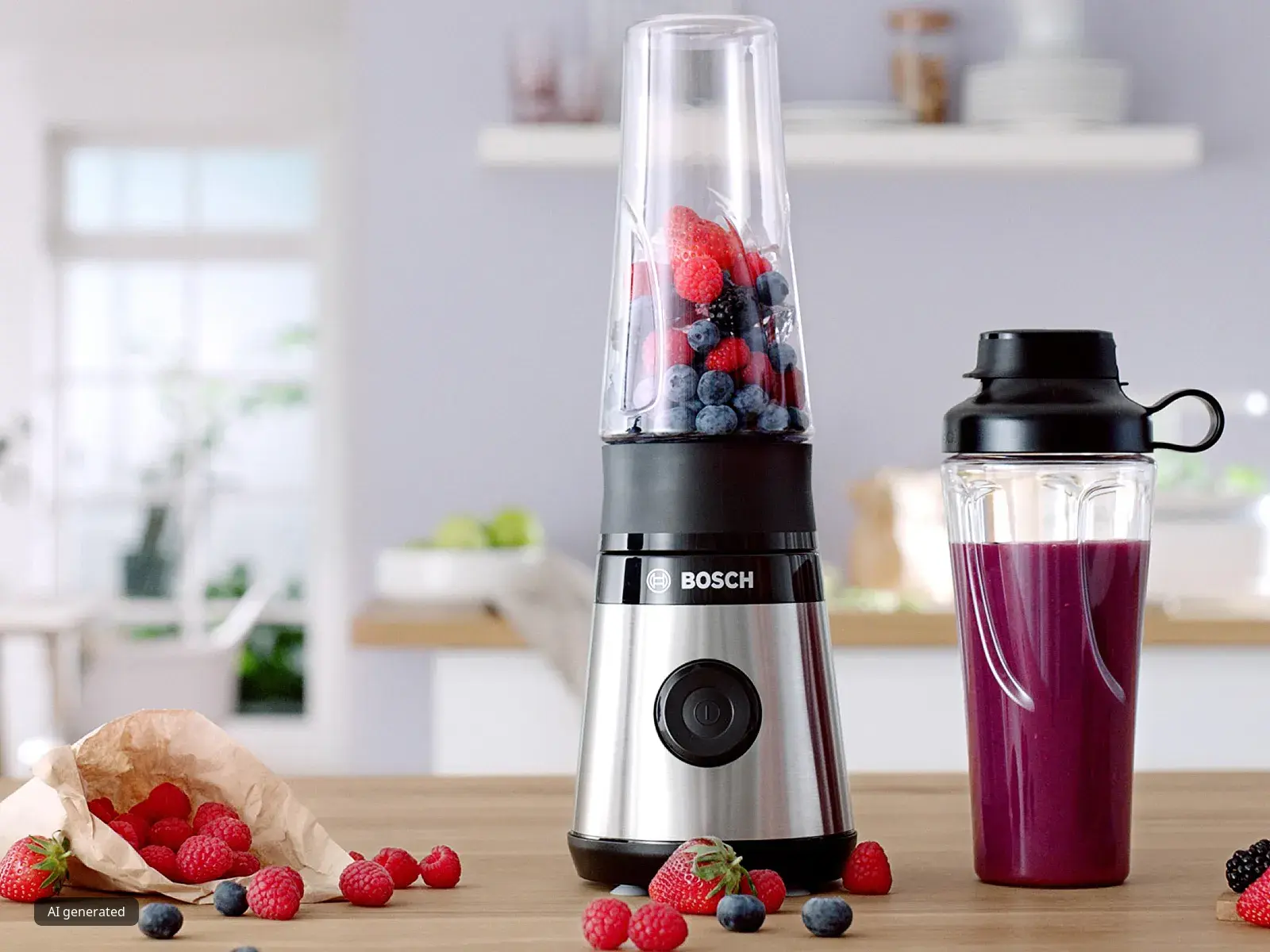 Bosch Miniblender VitaPower Series 2 with red fruits and a smoothie-filled ToGo bottle on a kitchen shelf.