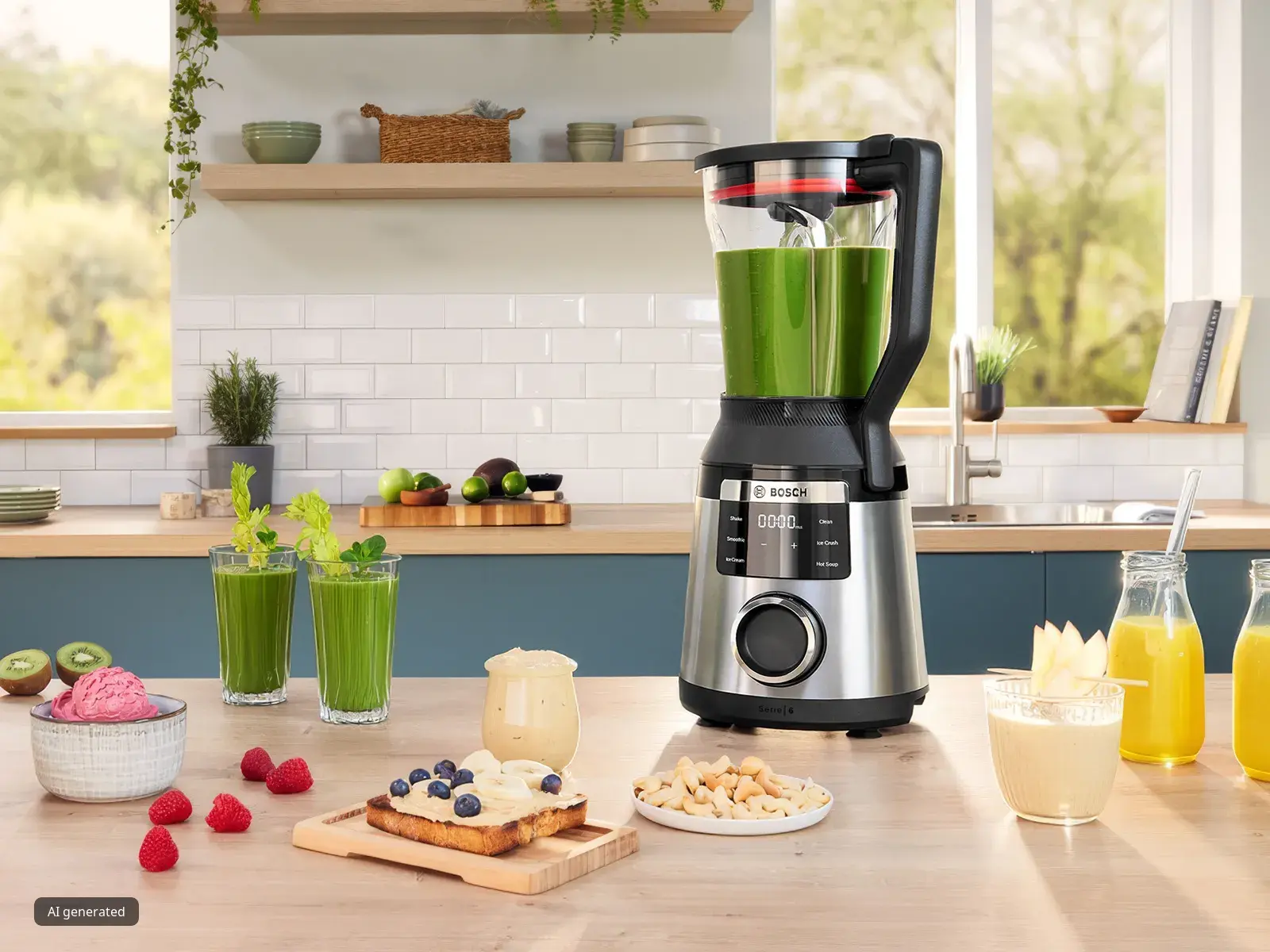 Un blender din oțel inoxidabil din seria VitaPower 6, alături de smoothie-uri și feluri de mâncare, pe un raft de bucătărie.