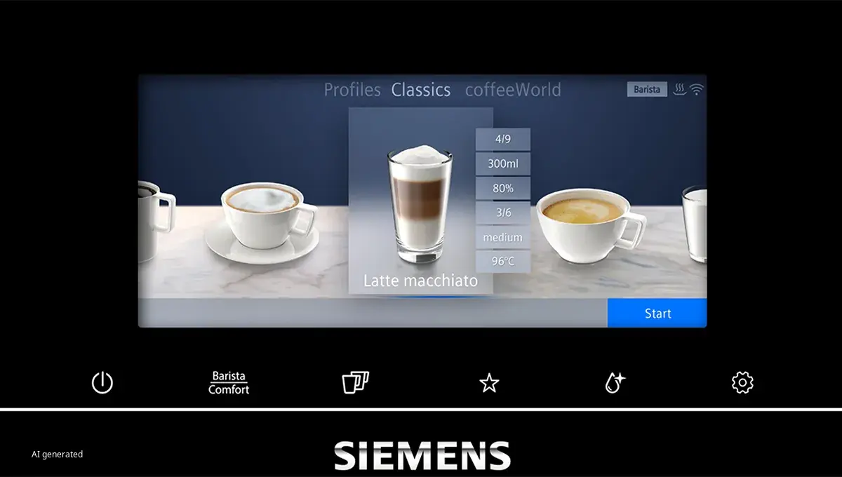 Zbliżenie na menu napojów na wyświetlaczu dotykowym ekspresu do kawy Siemens.