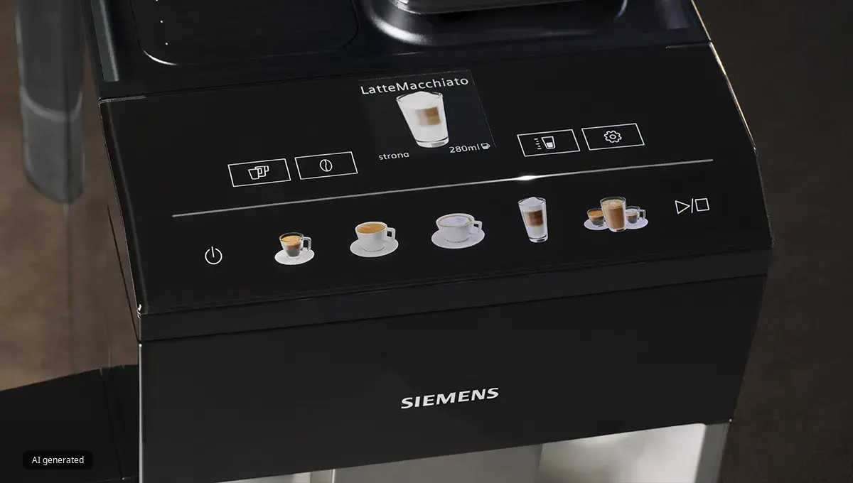 Zbliżenie na panel sterowania i ekran wyświetlacza w ekspresie do kawy Siemens.