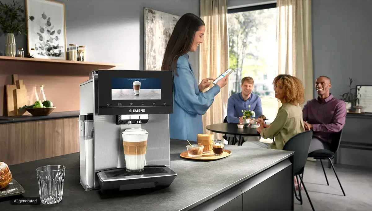 Nowoczesny ekspres do kawy Siemens z latte na blacie kuchennym, a w tle trzy osoby siedzące i jedna stojąca, korzystająca z telefonu komórkowego.