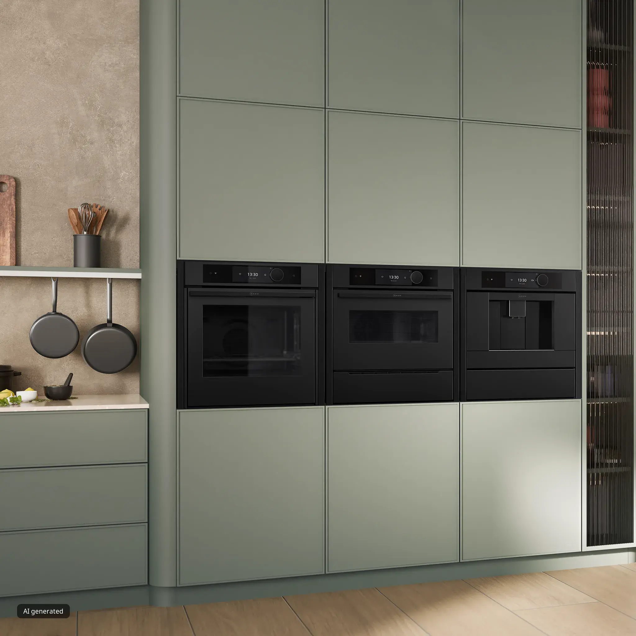 Salbeigrüne Küche mit drei mattschwarzen NEFF Einbaugeräten: Backofen, Kompaktbackofen mit Mikrowelle und Einbau-Kaffeevollautomat.
