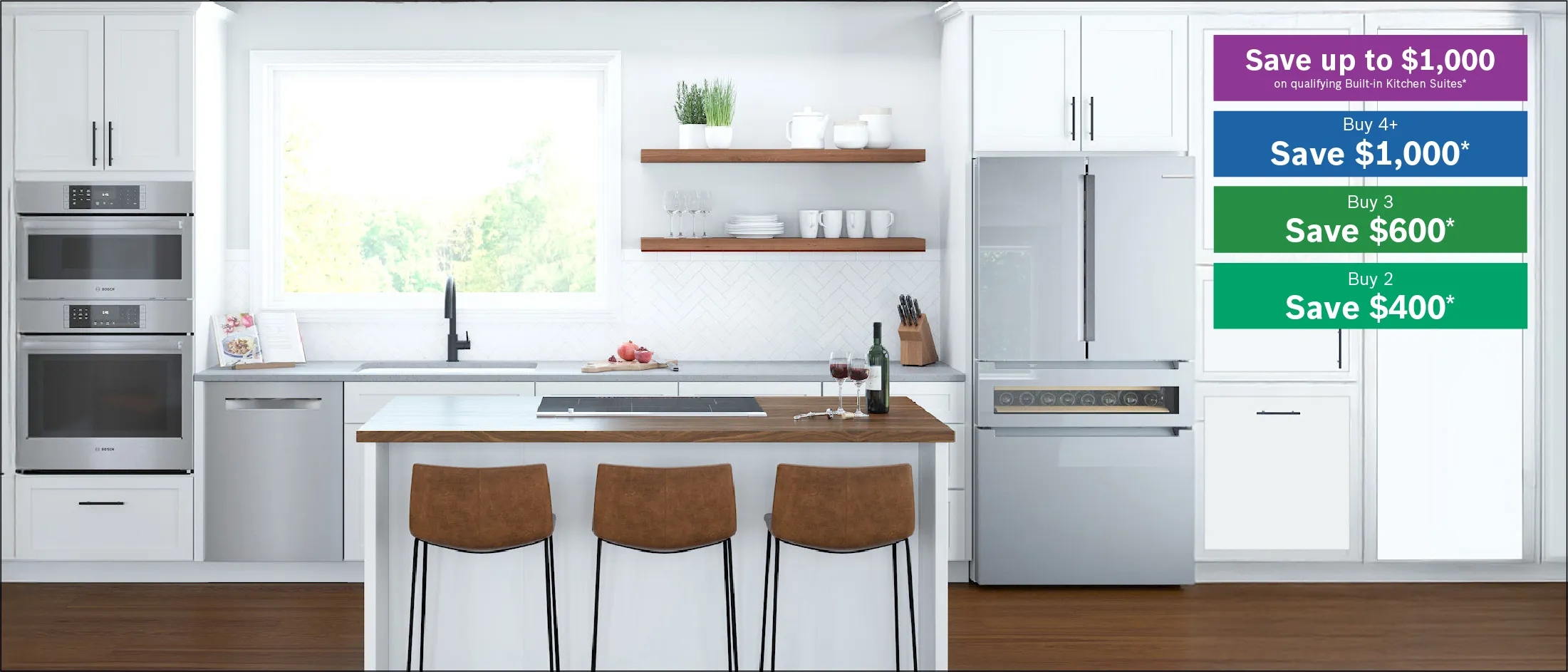 Modern white kitchen with wooden beams, island with three brown stools, stainless steel appliances, and a promotional discount banner.