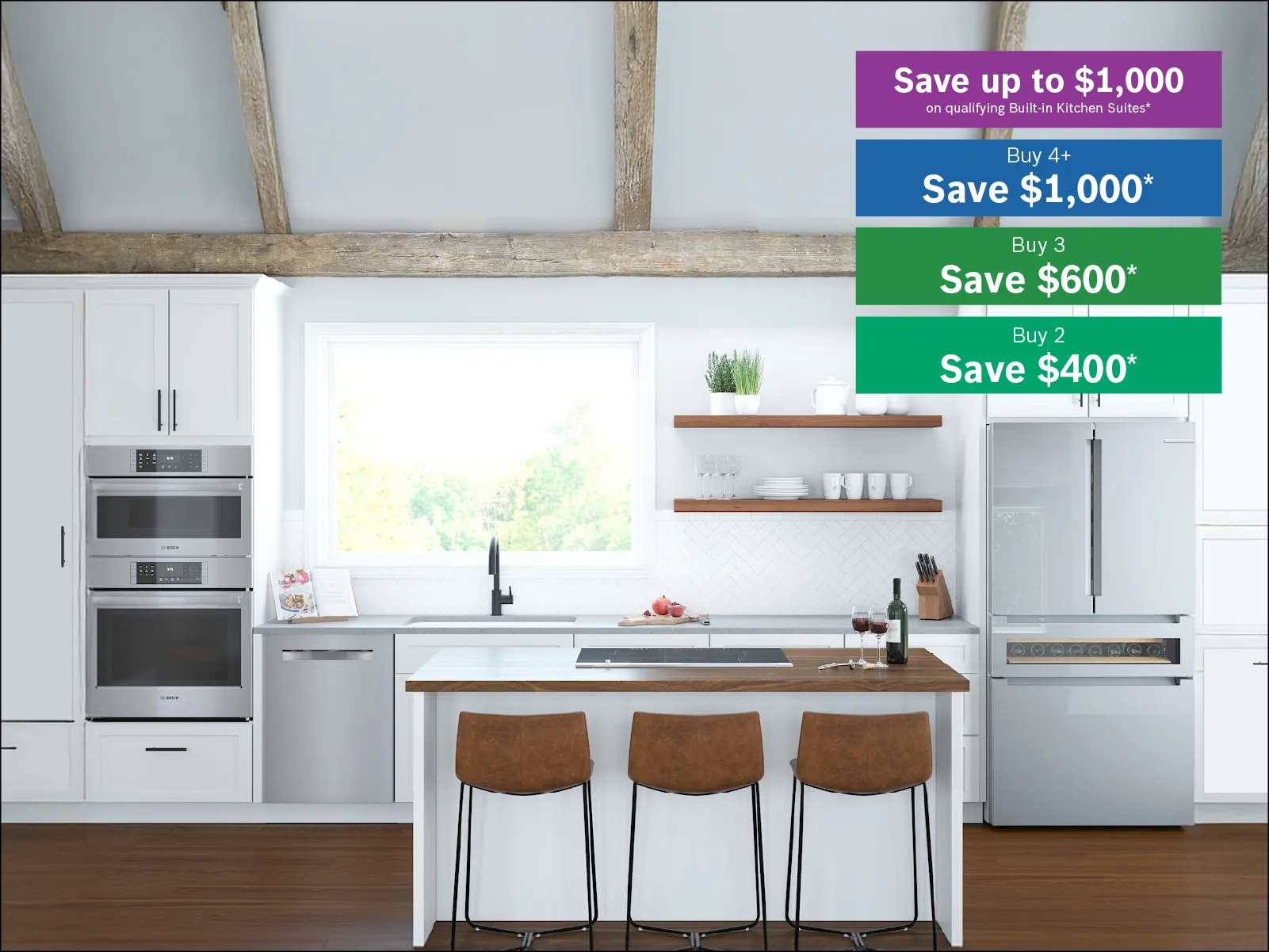 Modern white kitchen with wooden beams, island with three brown stools, stainless steel appliances, and a promotional discount banner.