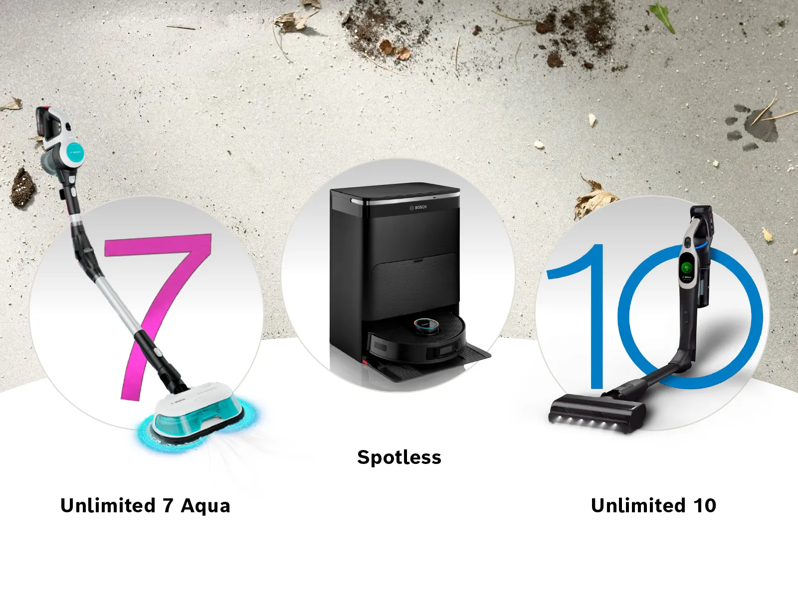 Tri čistilne naprave, razstavljene druga ob drugi, z oznakami »Unlimited 7 Aqua«, »Spotless« in »Unlimited 10«