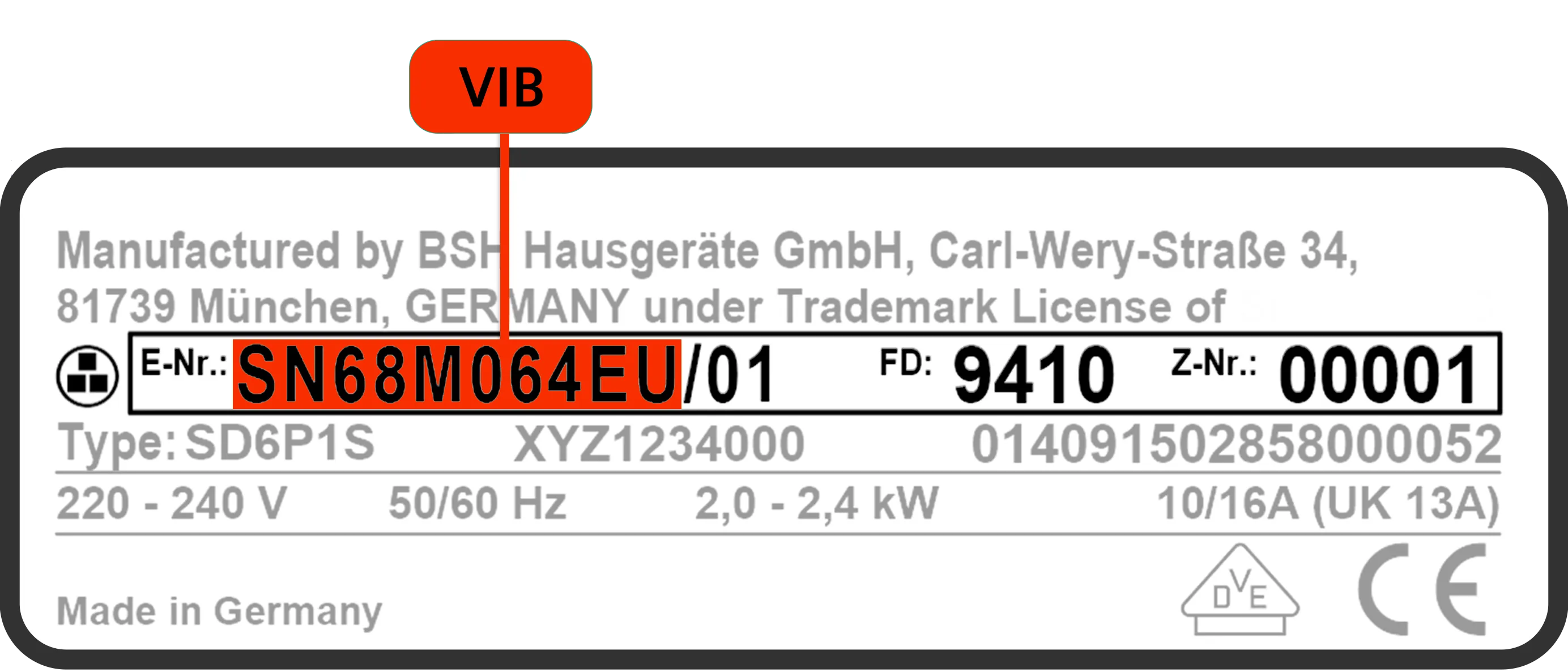 Plaque signalétique d'un appareil Gaggenau avec détails du modèle et référence technique VIB.