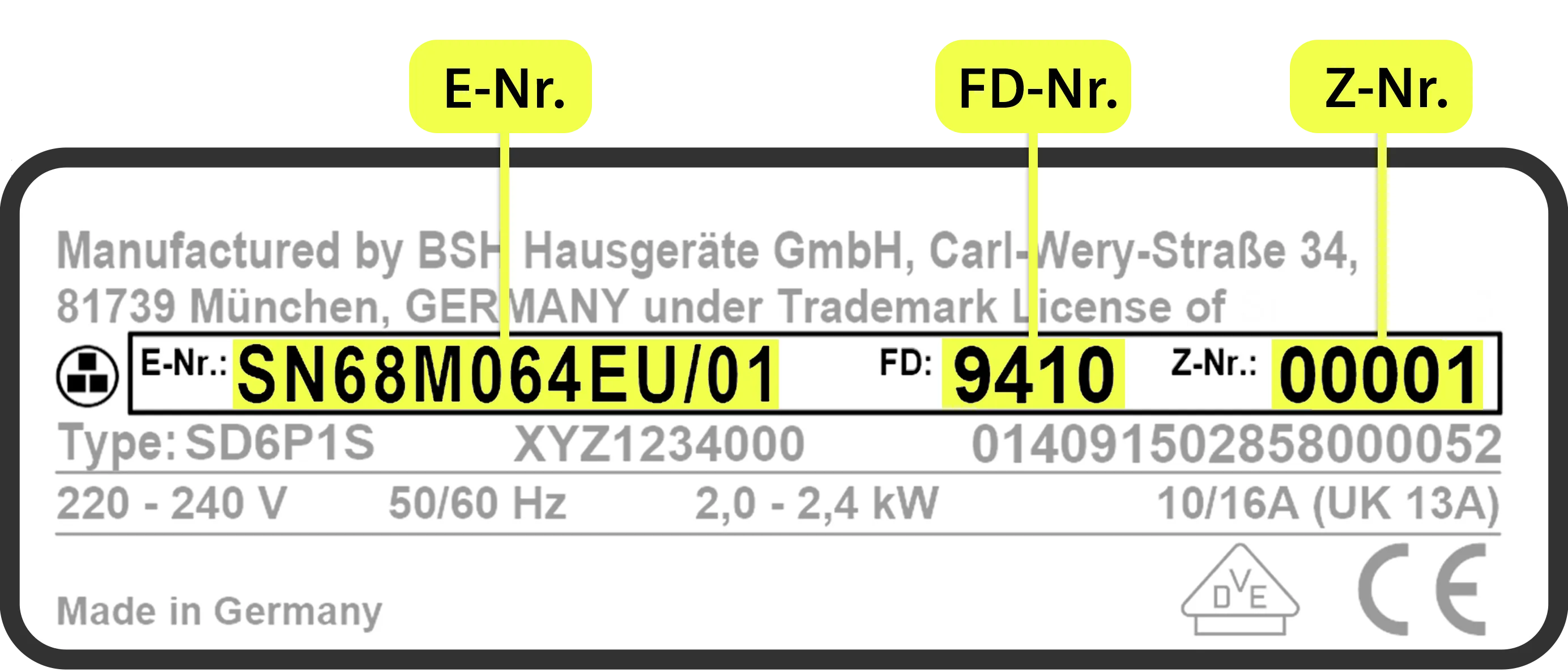 Label displaying model information with serial numbers for a Bosch appliance, including E.Nr, FD and Z.Nr specifications.
