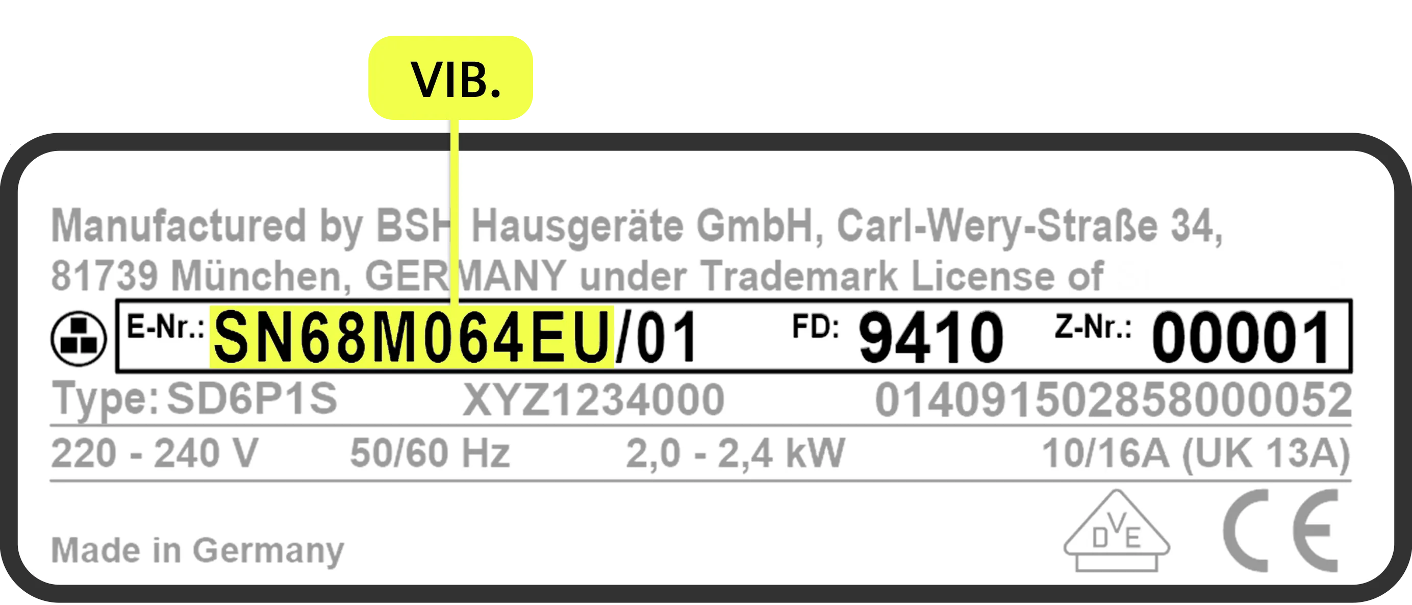 Étiquette modèle et numéros de série d'un appareil Bosch (VIB) — informations techniques et identification.