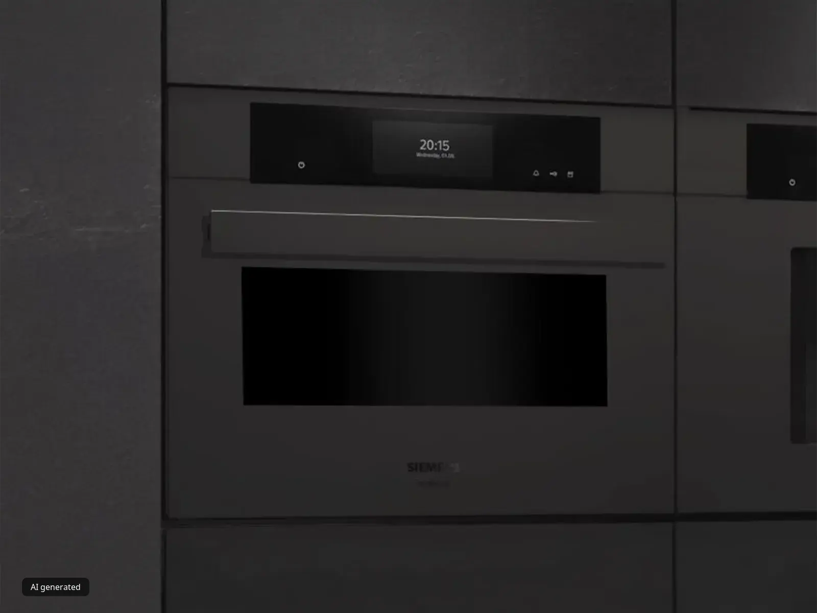 Primo piano di un elegante forno integrato Siemens di colore nero, con un display digitale che mostra data e ora: la perfetta rappresentazione di un design moderno.