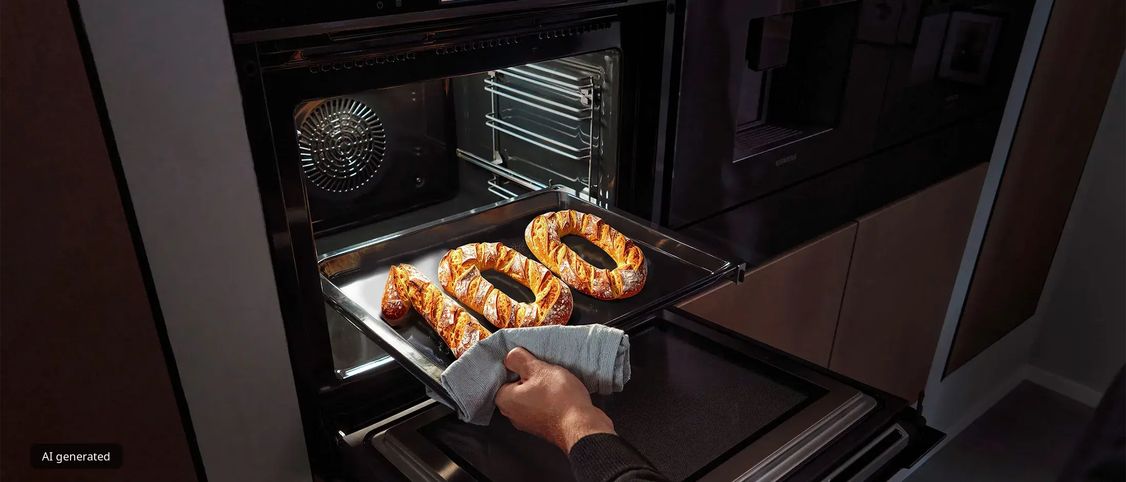 Une personne retire une plaque avec du pain fraîchement cuit en forme du nombre 100 d'un four moderne, mettant en valeur un design de cuisine épuré.