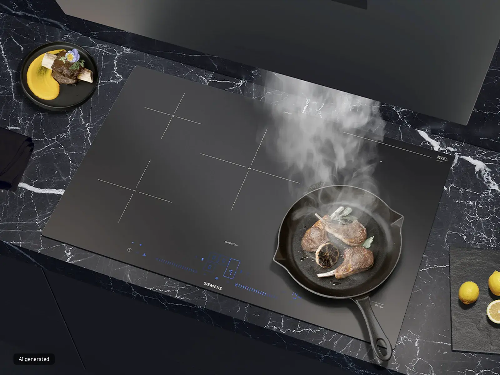Un elegante piano a induzione Siemens con una bistecca di agnello che sfrigola in padella e varie fette di limone disposte su una superficie scura in marmo.