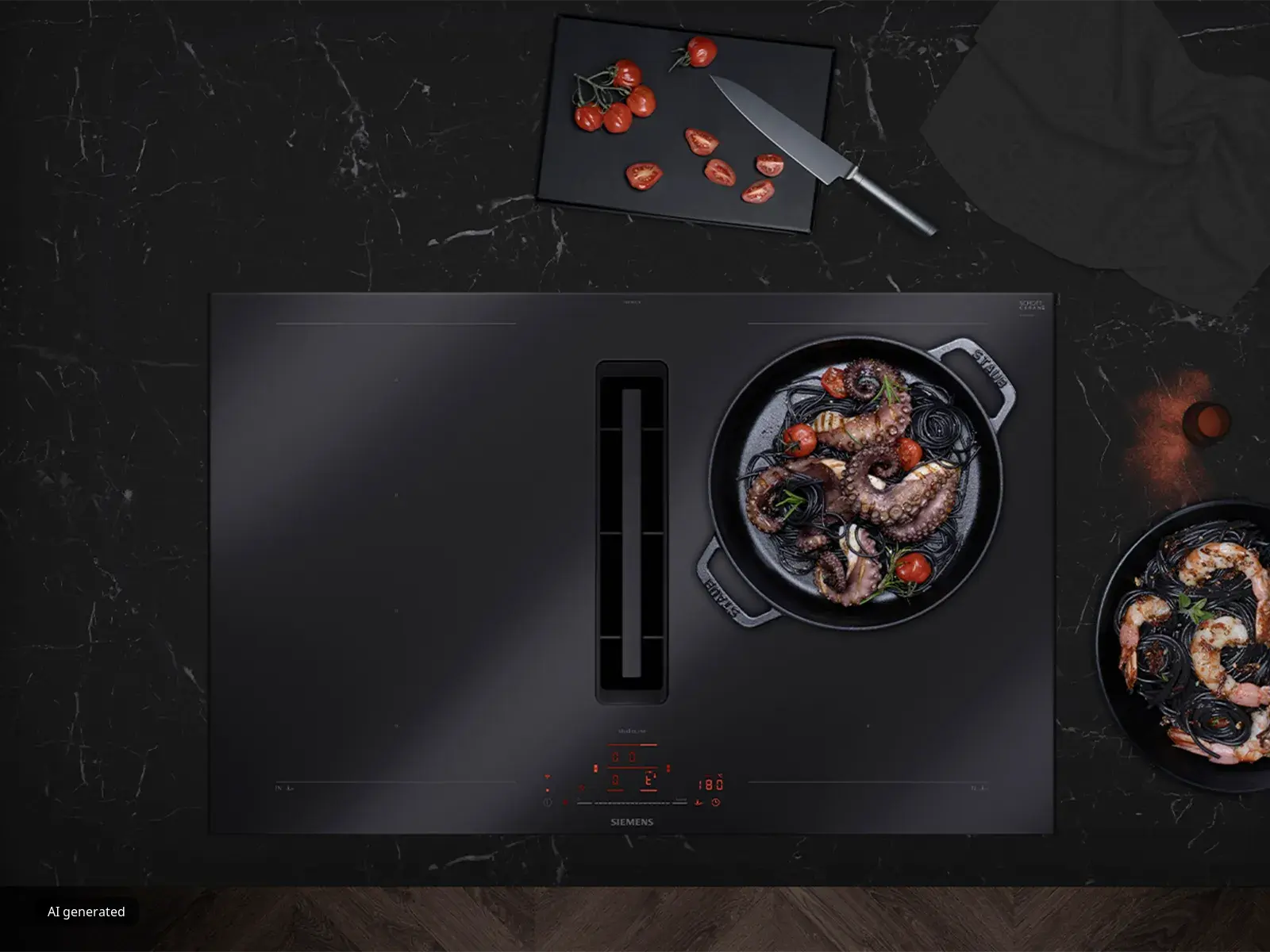 Un elegante piano di lavoro di colore nero con una pentola di pasta ai frutti di mare, pomodori freschi, un coltello e una ciotola di gamberi su una superficie in marmo.