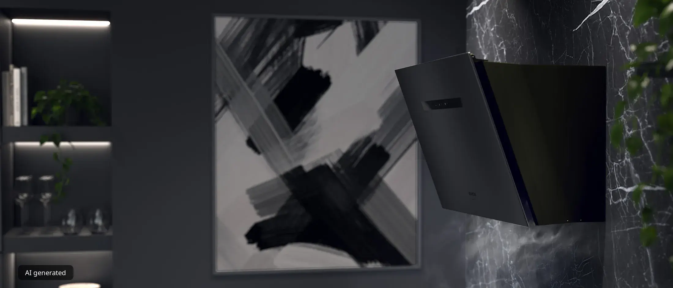 Sleek Siemens kitchen hood elegantly mounted, complemented by modern art and a dark marble background for a chic aesthetic.