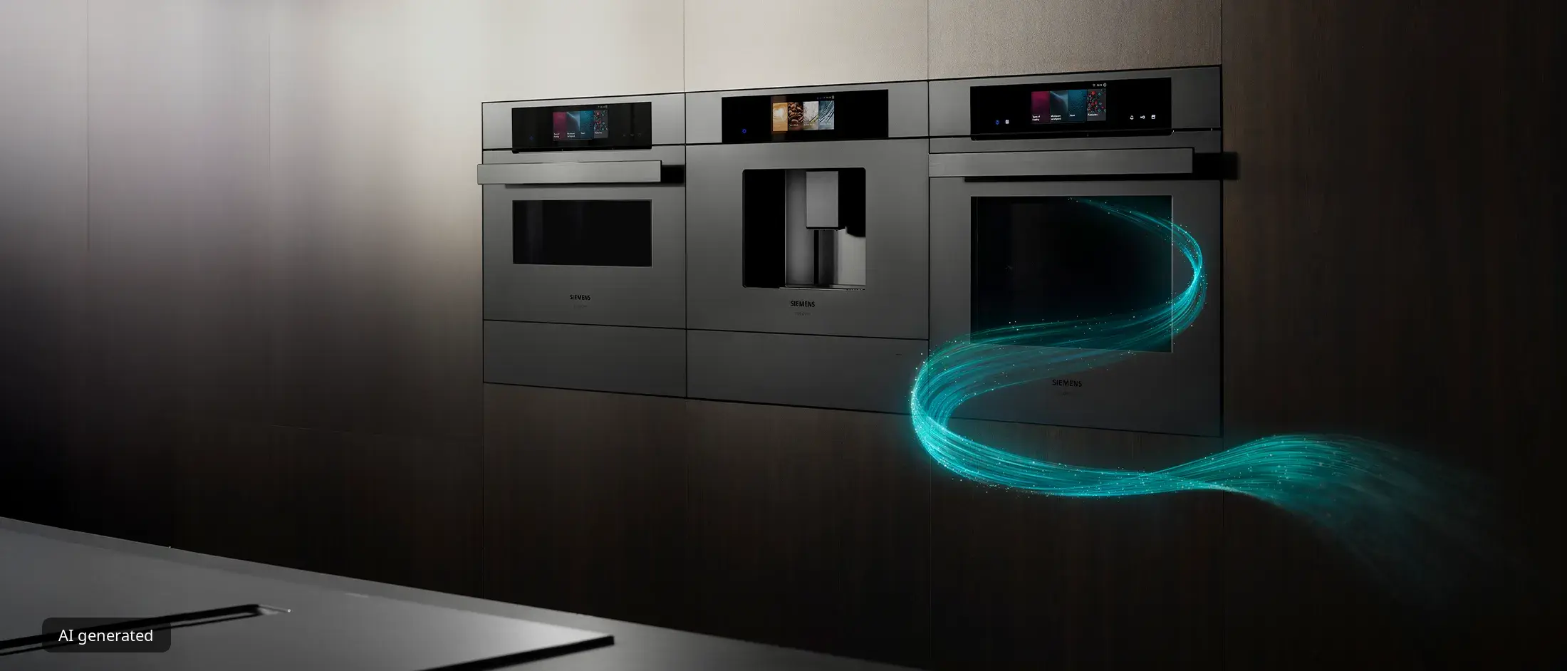 Elegante sorte Siemens hvidevarer er indbygget i en mørk tekstureret væg i dette moderne køkken, forstærket af et glødende designelement.