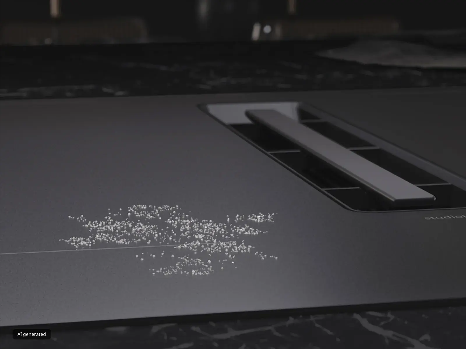 Primo piano di una superficie elegante di colore nero ricoperta di polvere bianca, che mette in risalto il design moderno della cucina.