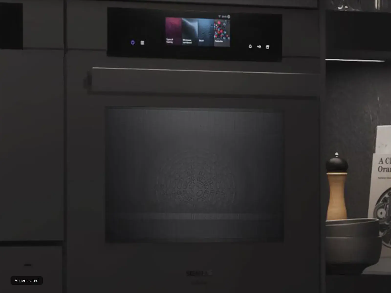 Un elegante forno Siemens di colore nero con display digitale, con un macinapepe, diverse ciotole e un libro dal titolo "Arancia meccanica".