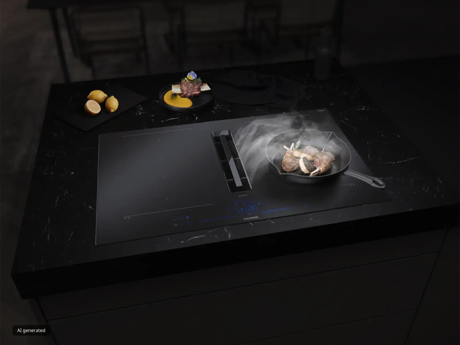 Un piano di lavoro nero dall‘eleganza contemporanea, con una fetta di carne saporita che sfrigola e cuoce in padella su un piano a induzione, pronta per essere impiattata con cura tra varie fette di limone.