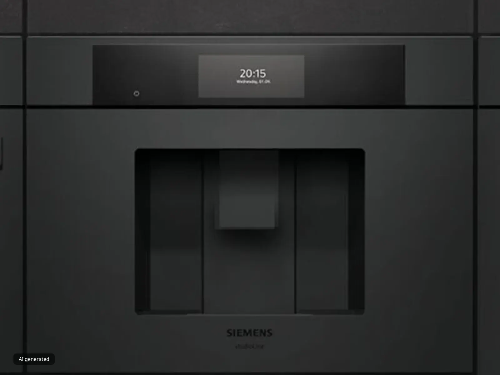 En elegant, moderne sort Siemens indbygget hvidevare med et digitalt display, der viser tid og dato, perfekt til moderne køkkener.