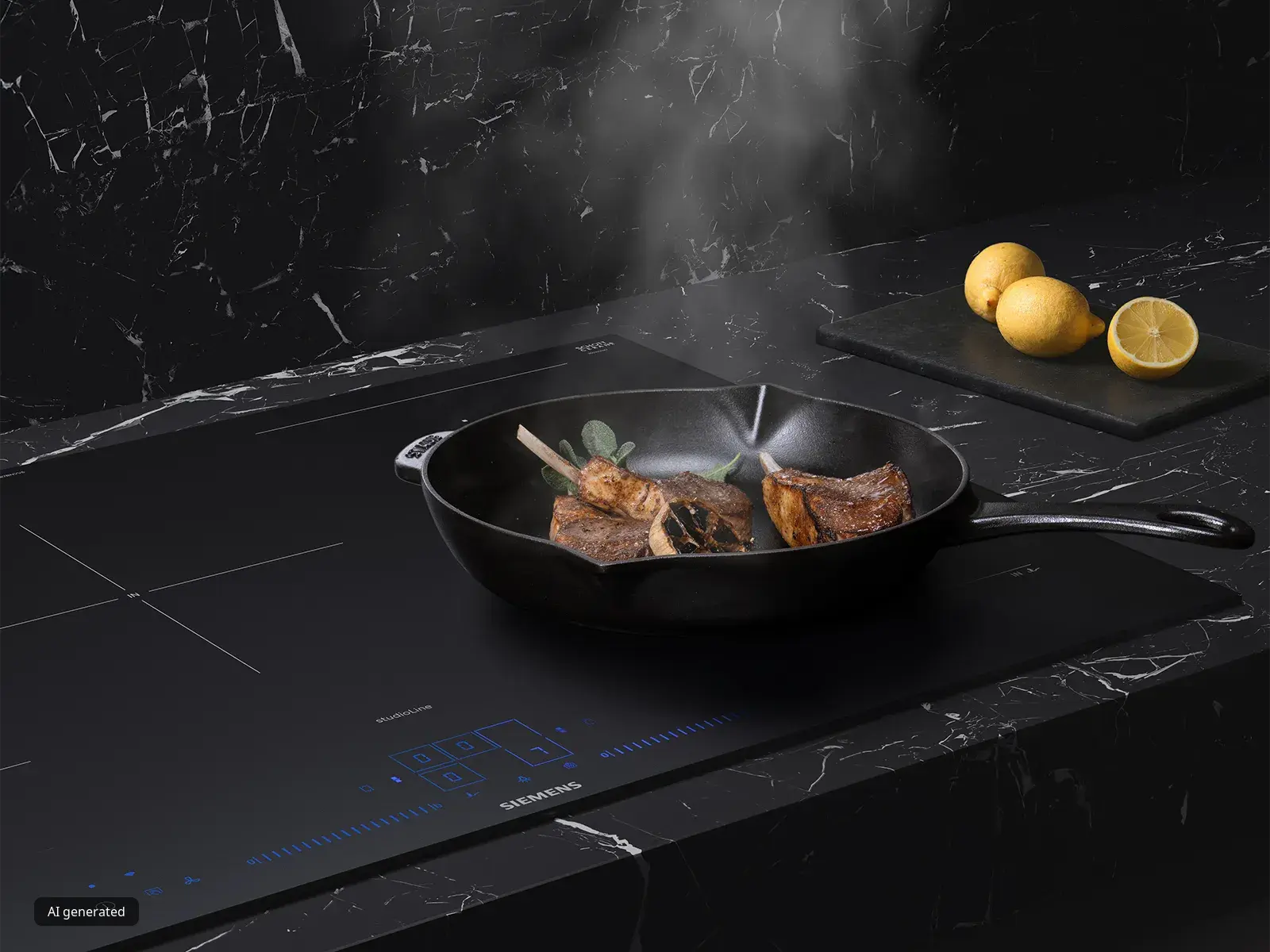 Una fetta di carne che sfrigola in padella su un piano a induzione elegante di colore nero, avvolta da una nuvola di vapore, con varie fette di limone su un tagliere.