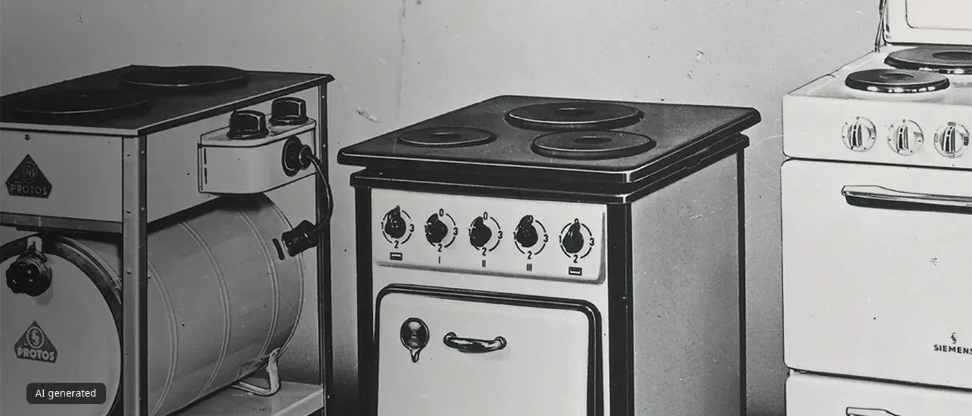 Elettrodomestici da cucina vintage - fornello, forno e frigorifero in bianco e nero.
