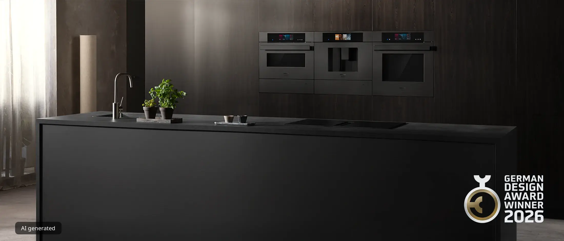 Moderne sort køkkenø med elegante hvidevarer, en vandhane og potteplanter med krydderurter, der viser German Design Award Winner 2026 logoet