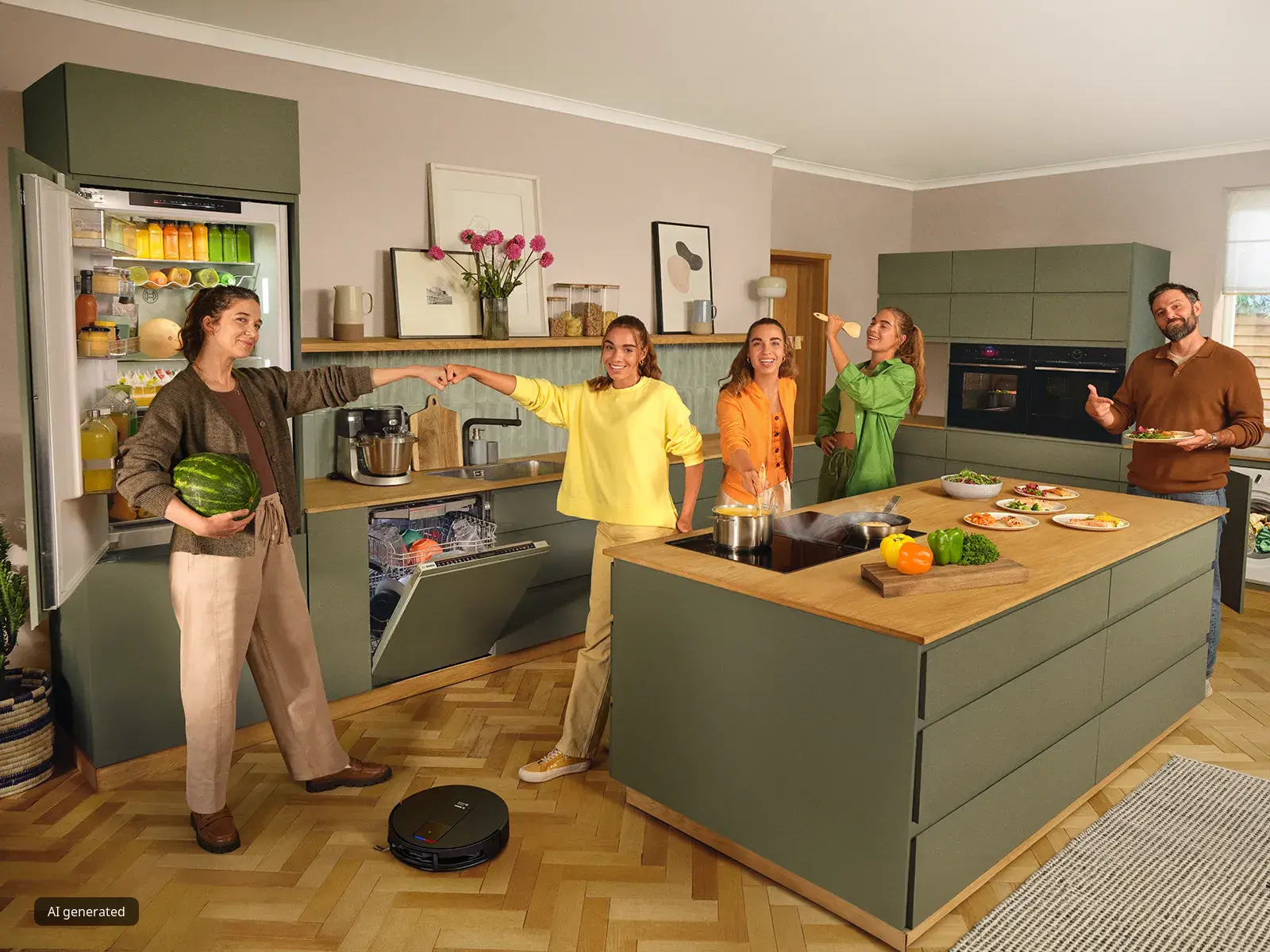 Five people cooking and enjoying a meal together in a modern kitchen with green cabinets and wooden floors.