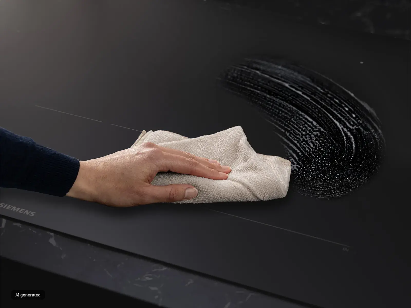 Una mano passa un panno su un elegante piano di lavoro di colore nero, lasciandolo perfettamente pulito in prossimità di un elettrodomestico integrato.