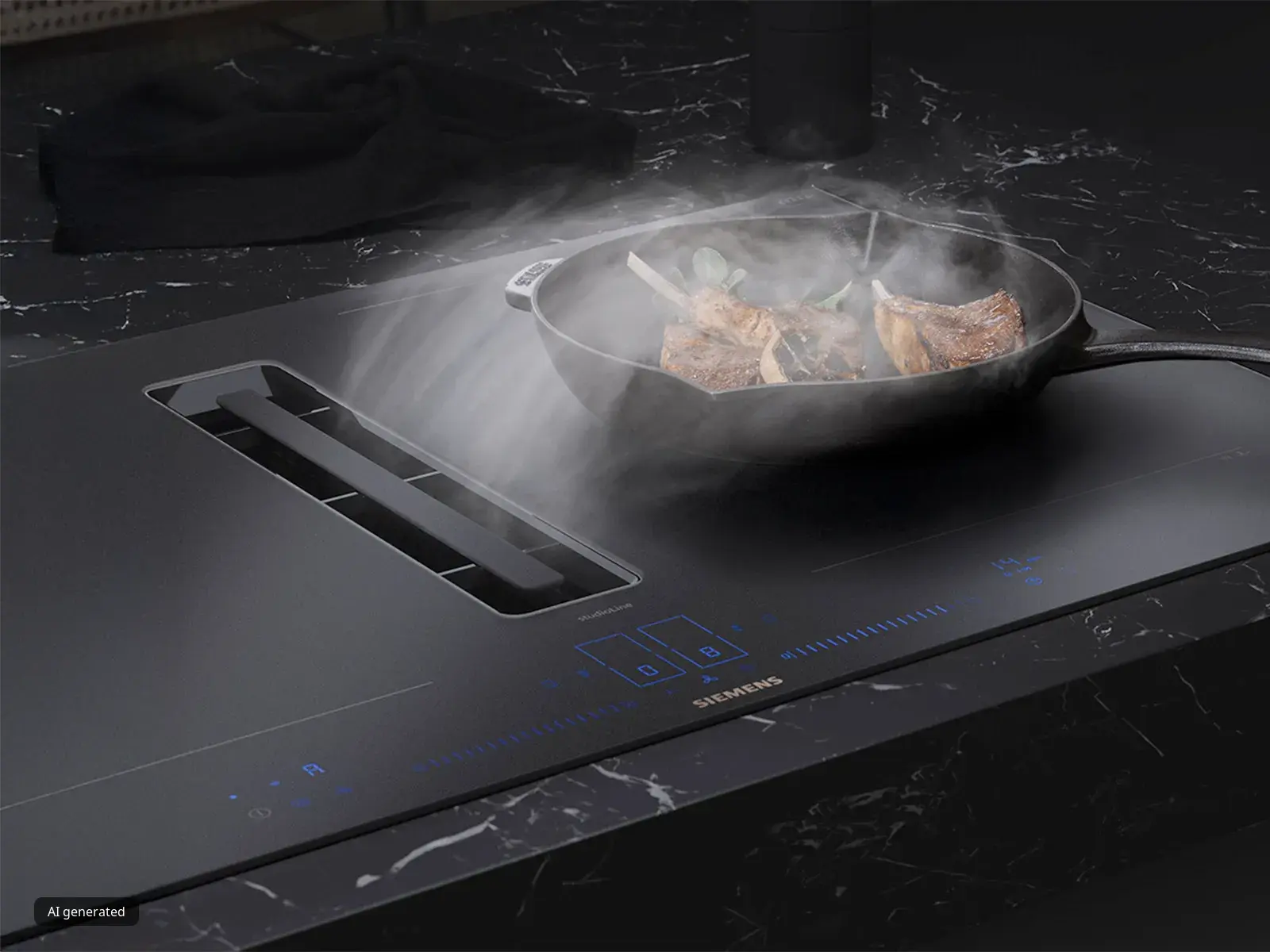 Un piano cottura a induzione Siemens, con costine di agnello che sfrigolano in padella in una nuvola di vapore, su una superficie elegante di colore nero.