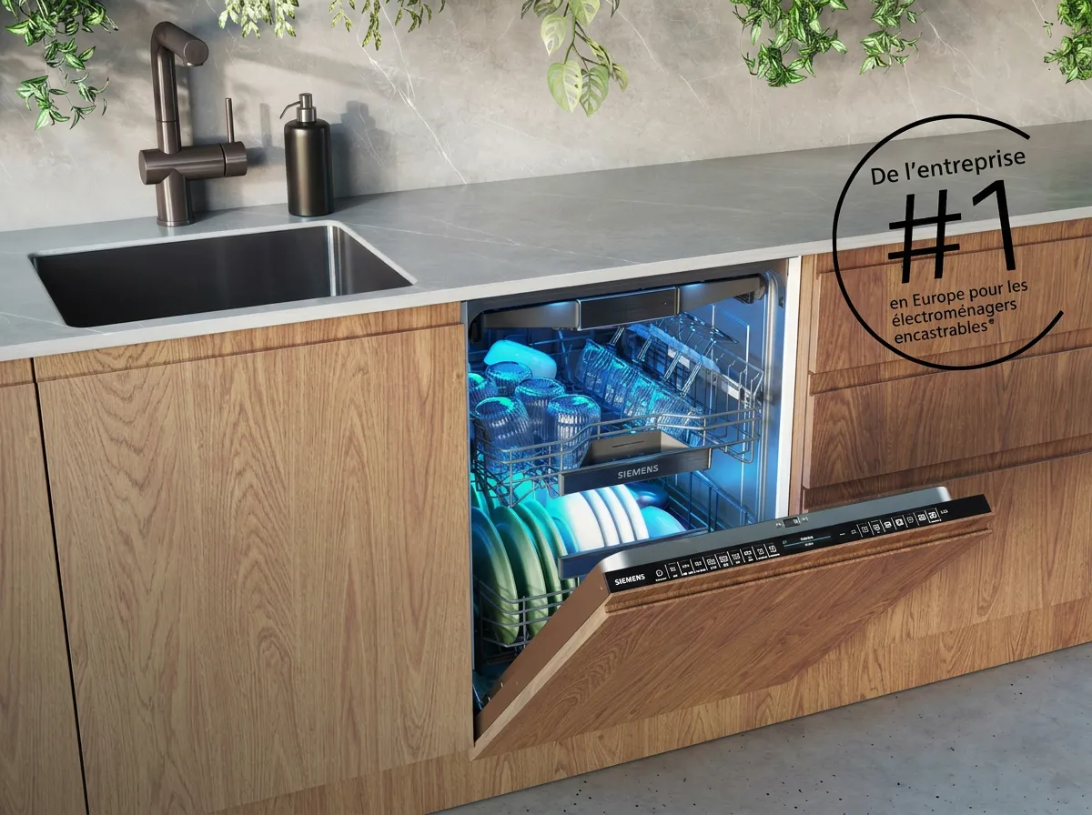 Une cuisine moderne avec un lave-vaisselle Siemens encastrable ouvert