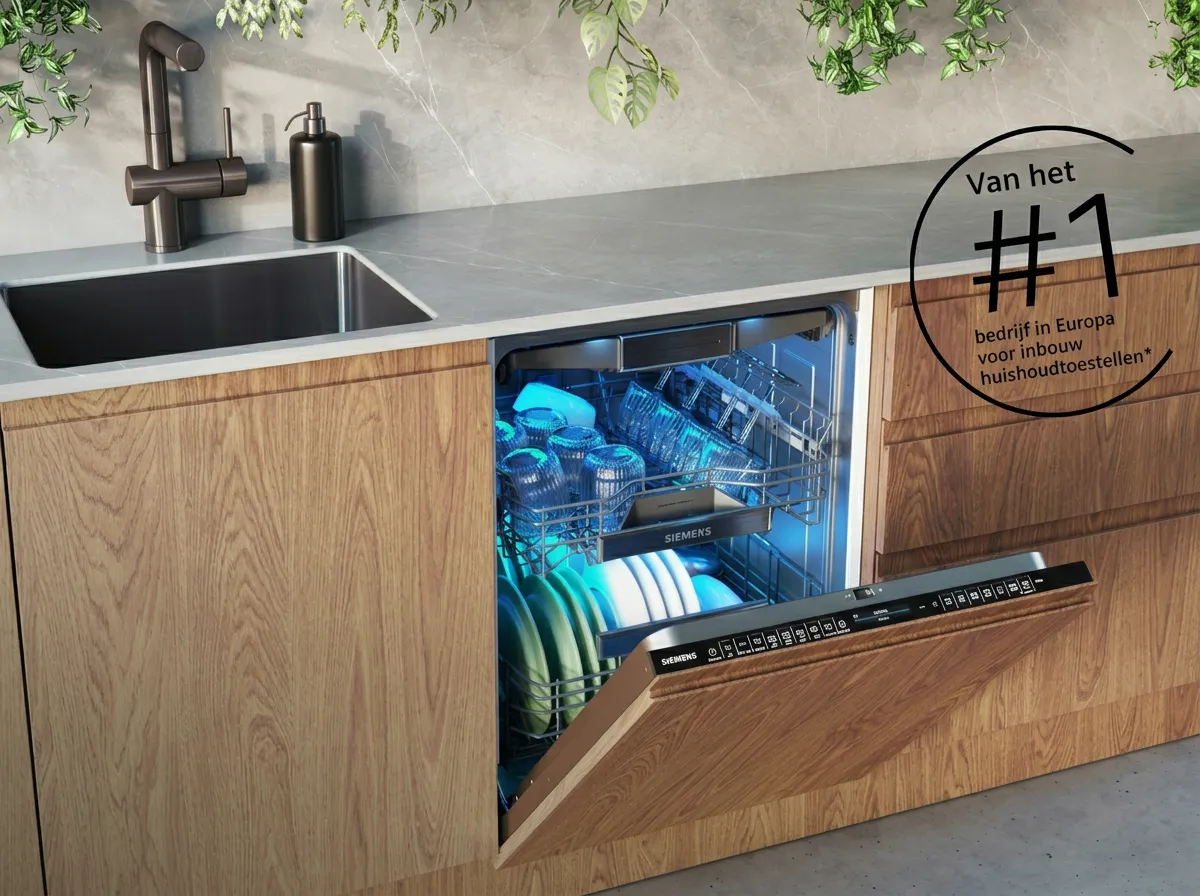 Een moderne keuken met een open, ingebouwde Siemens vaatwasser